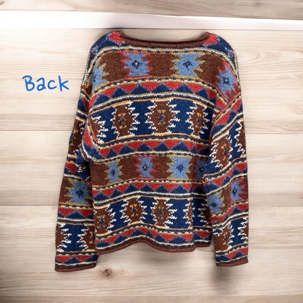 Vintage Aztec Boho Southwestern CAROLE LITTLE Sport Heavy Wool Sweater XL EUC - Picture 3 of 8
